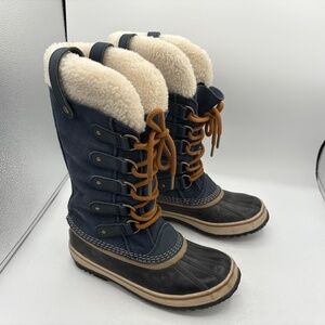 SOREL JOAN OF ARC WINTER BOOTS WOMENS SIZE 7.5 BLUE SUEDE SHEARLING WATERPROOF
